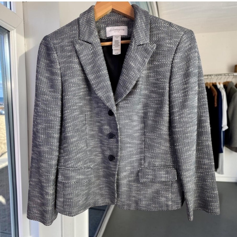 Vintage 90s Boxy Tweed Blazer 10P Herringbone Cotton/Viscose Textured Easy Care‎